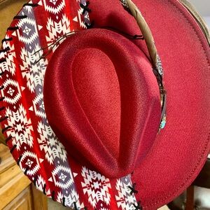 Red Fedora Western Hat with Patterned Brim